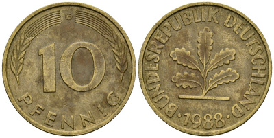 ФРГ 10 пфеннигов 1988 G KM 108 сталь плакированная латунью 4167-856