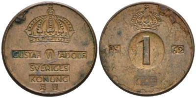 Швеция 1 эре 1962 U, Густав VI Адольф (1950-1973) KM 820 бронза 4564-733