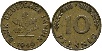 ФРГ 10 ПФЕННИГОВ 1949 F KM 103, J.378 сталь плакированная латунью 33-111