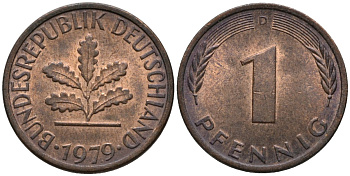 ФРГ 1 пфенниг 1979 D KM 105 сталь плакированная медью 4171-412