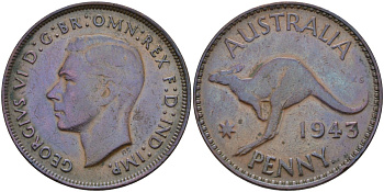 Австралия 1 пенни 1943 Георг VI (1937-1952), кенгуру KM 36 бронза 4593-341