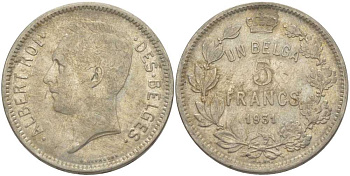БЕЛЬГИЯ 5 ФРАНКОВ 1931 АЛЬБЕРТ I, DES BELGES KM 97.1 никель 3851-146