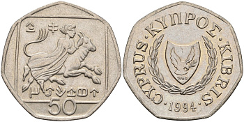 Кипр 50 центов 1994 похищение Европы KM 66 медно-никель 4141-1236