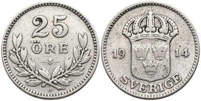 Швеция 25 эре 1914 W, Густав V (1907-1950), проба 600 KM 785 серебро 4549-1121