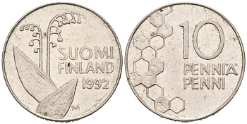 Финляндия 10 пенни 1992 М KM 65 медно-никель 192-1141