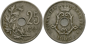 Бельгия 25 сантимов 1908 Belgie KM 63 медно-никель 4165-636