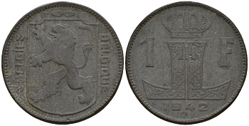 Бельгия 1 франк 1942 Belgique - Belgie, Леопольд III (1934-1947), германская оккупация, Вторая мировая война KM 127 цинк 4161-426