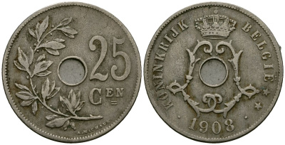 Бельгия 25 сантимов 1908 Belgie KM 63 медно-никель 4165-636