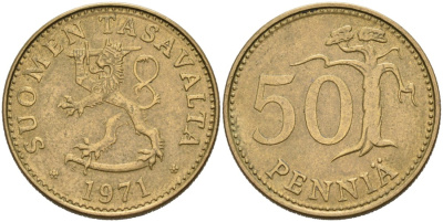 ФИНЛЯНДИЯ 50 ПЕННИ 1971 S KM 48 алюминиевая бронза 4563-424