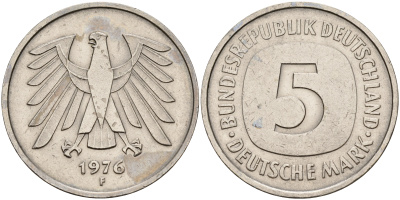 ФРГ 5 марок 1976 F KM 140.1, J. 415 никель покрытый медно-никелем    4149-524