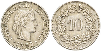 ШВЕЙЦАРИЯ 10 РАППЕНОВ 1959 В KM 27 медно-никель 216-1254