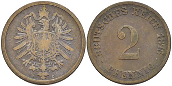 ГЕРМАНИЯ 2 ПФЕННИГА 1875 С, СТАРОГЕРБОВКА KM 2, J. 2, Weege 3 медь 212-515