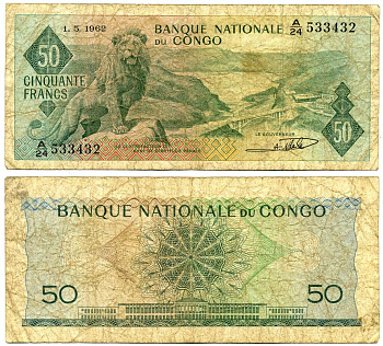 КОНГО 50 ФРАНКОВ 1962 ЛЕВ Pick 5а бумага 6300-8-1-2