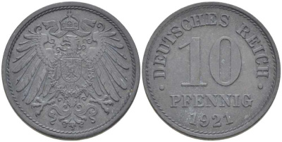 ГЕРМАНИЯ 10 ПФЕННИГОВ 1921 (1917-1922) KM 26, J. 299, Weege 8 цинк 210-313