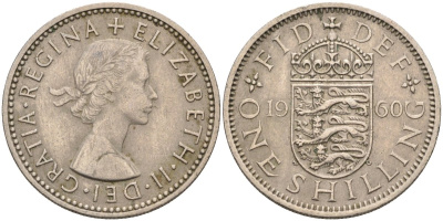 Великобритания 1 шиллинг 1960 Елизавета II (1952-2022), Английский герб KM 904, Spink 4147 медно-никель 4586-942