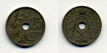 БЕЛЬГИЯ 25 САНТИМОВ 1926 BELGIQUE KM 68.1 медно-никель 37-1217