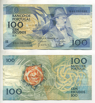 ПОРТУГАЛИЯ 100 ЭСКУДО 1987 3 ДЕКАБРЯ 1987, ФЕРНАНДО ПЕССОА ПОРТУГАЛЬСКИЙ ПОЭТ Pick 179d бумага 7552-52-3