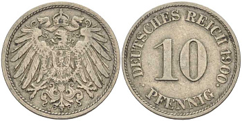 Германия 10 пфеннигов 1900 J KM 12, J. 13 медно-никель 4401-1126