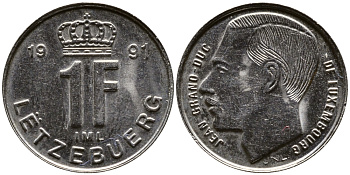 ЛЮКСЕМБУРГ 1 ФРАНК 1991 ВЕЛИКИЙ ГЕРЦОГ ЖАН KM 63 никель сталь 26-954