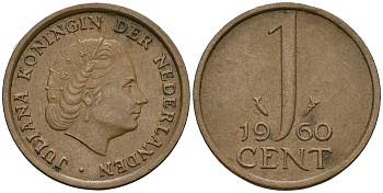 Нидерланды 1 цент 1960 Юлиана (1949-1980) KM 180 бронза 4608-1018