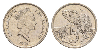 Новая Зеландия 5 центов 1994 Елизавета II (1952-2022), ящерица гаттерия KM 60 медно-никель 4594-514