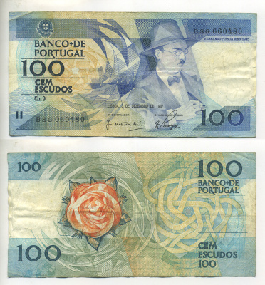 ПОРТУГАЛИЯ 100 ЭСКУДО 1987 3 ДЕКАБРЯ 1987, ФЕРНАНДО ПЕССОА ПОРТУГАЛЬСКИЙ ПОЭТ Pick 179d бумага 7552-52-3