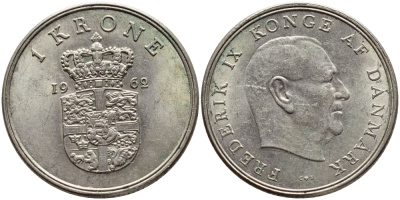 Дания 1 крона 1962 C; S, Фредерик IX (1947-1972) KM 851 медно-никель 4398-1032