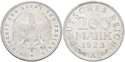 Германия 200 марок 1923 A KM 35, J. 304, Weege 22 алюминий UNC 4586-316