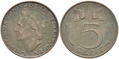 НИДЕРЛАНДЫ 5 ЦЕНТОВ 1948 ВИЛЬГЕЛЬМИНА (1890-1948) KM 176 бронза 213-1011