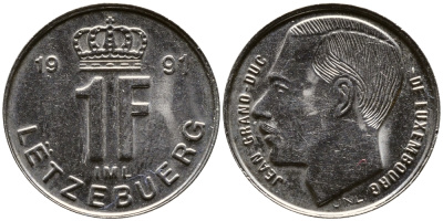 ЛЮКСЕМБУРГ 1 ФРАНК 1991 ВЕЛИКИЙ ГЕРЦОГ ЖАН KM 63 никель сталь 26-954