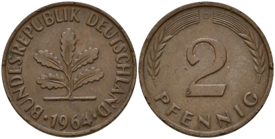 ФРГ 2 пфеннига 1964 D J.381  KM 106 бронза    4598-734