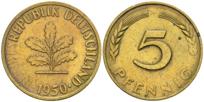 ФРГ 5 пфеннигов 1950 J KM 107, J.382 сталь плакированная латунью 4364-1551