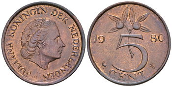 Нидерланды 5 центов 1980 Юлиана (1948-1980) KM 181 бронза UNC 4606-1023
