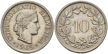 Швейцария 10 раппенов 1969 B KM 27 медно-никель 4189-417