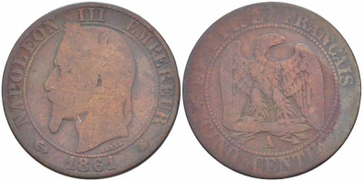 ФРАНЦИЯ 5 САНТИМОВ 1861 A, НАПОЛЕОН III (1852-1870) KM 797.1, LE FRANC 117.2 бронза 108-513