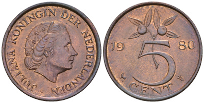 Нидерланды 5 центов 1980 Юлиана (1948-1980) KM 181 бронза UNC 4606-1023