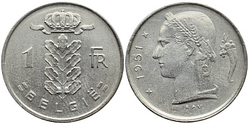 БЕЛЬГИЯ 1 ФРАНК 1951 BELGIE KM 143.1 медно-никель 4390-331