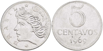 Бразилия 5 сентаво 1969  голова свободы влево KM 577.2, Schon 82a нержавеющая сталь 4514-311