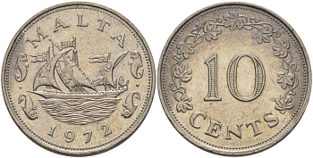 Мальта 10 центов 1972 баржа Великого магистра KM 11 медно-никель 82-546