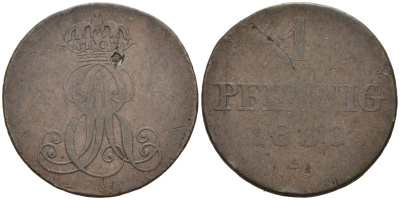 Ганновер 1 пфенниг 1839 S, Эрнст Август (1837-1851) KM 173.3, AKS 128, J. 54 медь 75-1257