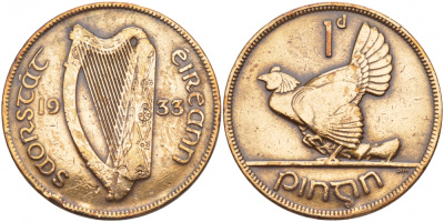 Ирландия 1 пенни 1933 курица с цыплятами KM 3 бронза 4545-234