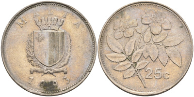 Мальта 25 центов 1993 шиповник вечнозелёный KM 97 медно-никель 3336-112
