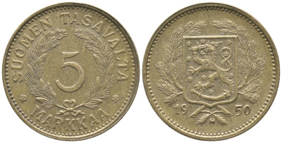 ФИНЛЯНДИЯ 5 МАРОК 1950 Н KM 31а латунь 34-115