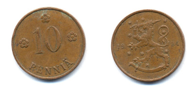 Финляндия 10 пенни 1934 республика (1918-1962) KM 24 медь 51-5413