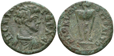 Римская Империя, Провинция Нижняя Мезия, Маркианополь AE 198 - 209 Гета в ранге цезаря, бюст Геты / змея, обвившая треножник Varbanov 1116 бронза 1100-7-106