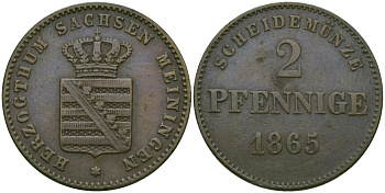 Саксен-Мейнинген 2 пфеннига 1865 Бернгард II (1803-1866) KM 171 медь 99-649