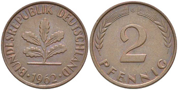 ФРГ 2 ПФЕННИГА 1962 G KM 106, J. 381 бронза 116-318