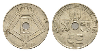Бельгия 5 сантимов 1938 Belgique - Belgie KM 110 никель латунь 4636-366
