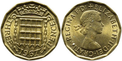 Великобритания 3 пенса 1967 Елизавета II (1952-2022) KM 900, Spink 4153 никель латунь UNC 4390-216