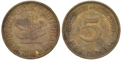 ФРГ 5 пфеннигов 1980 D KM 107, J.382 сталь плакированная латунью 4174-527